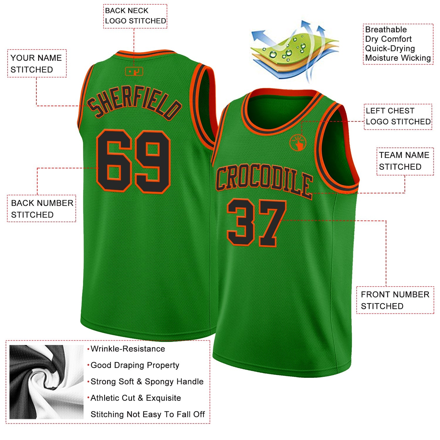 Custom Grass Green Black-Orange Authentic Basketball Jersey view 2