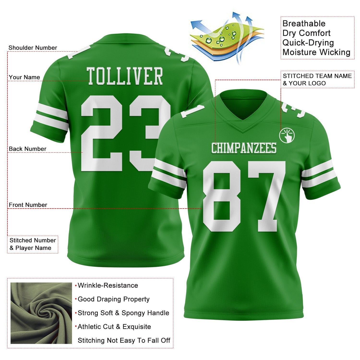 Custom Grass Green White Authentic Football Jersey view 3