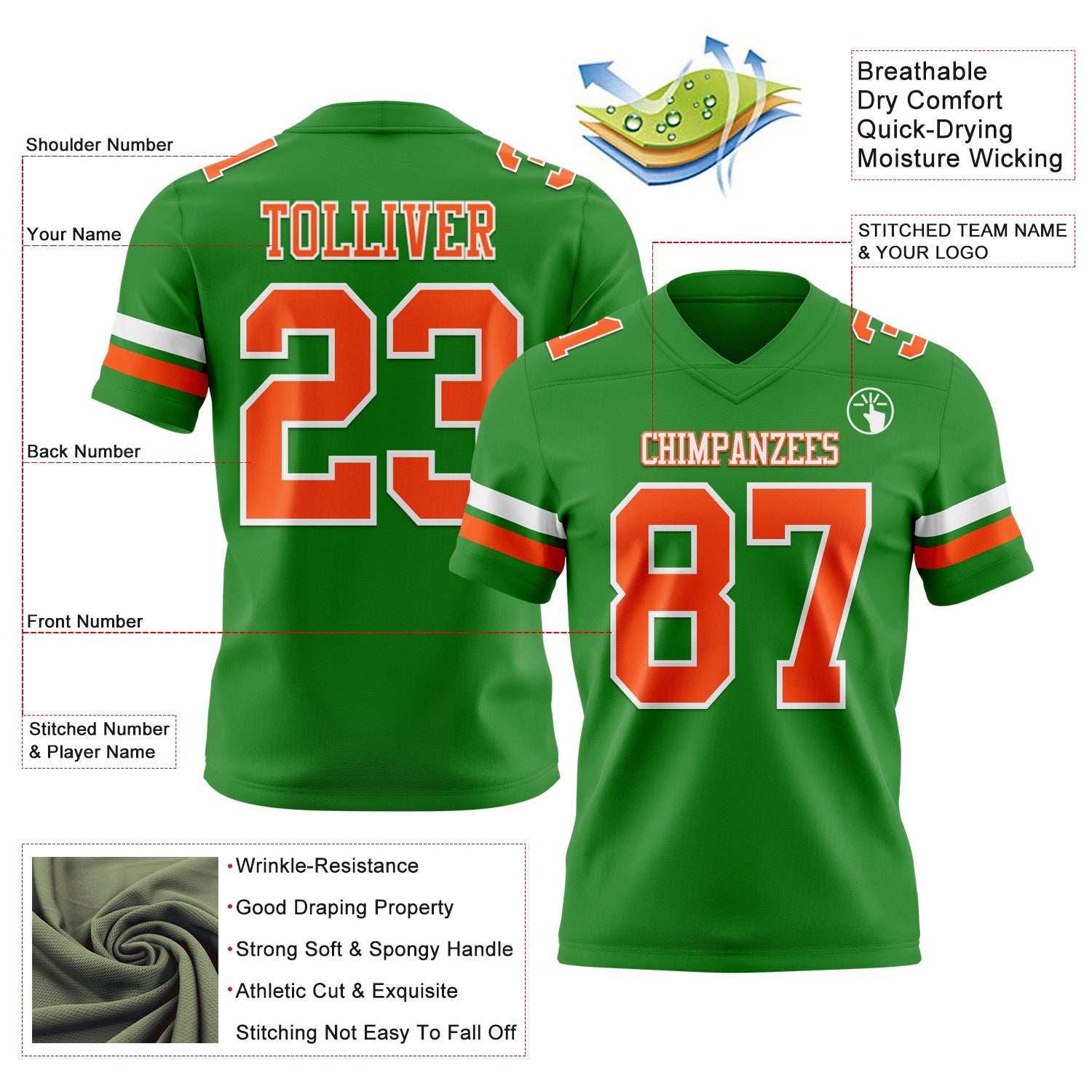 Custom Grass Green Orange-White Authentic Football Jersey view 3