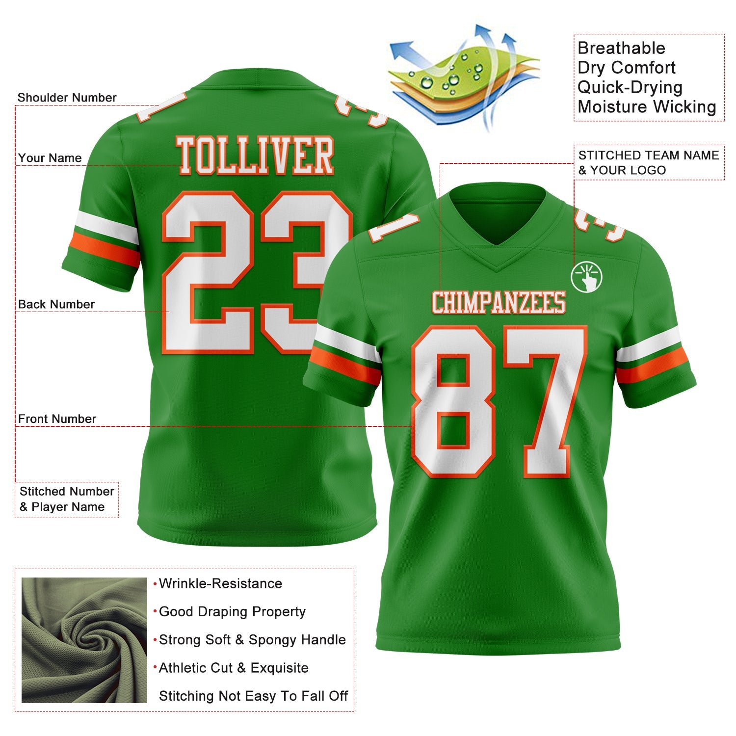 Custom Grass Green White-Orange Authentic Football Jersey view 3