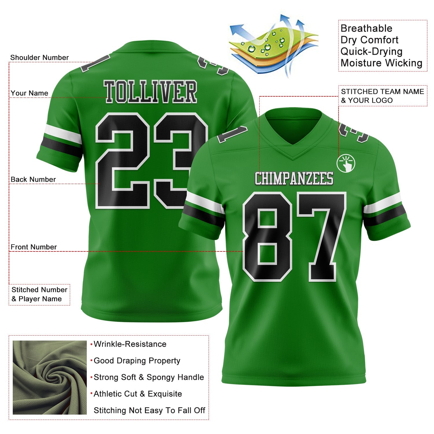 Custom Grass Green Black-White Authentic Football Jersey view 3