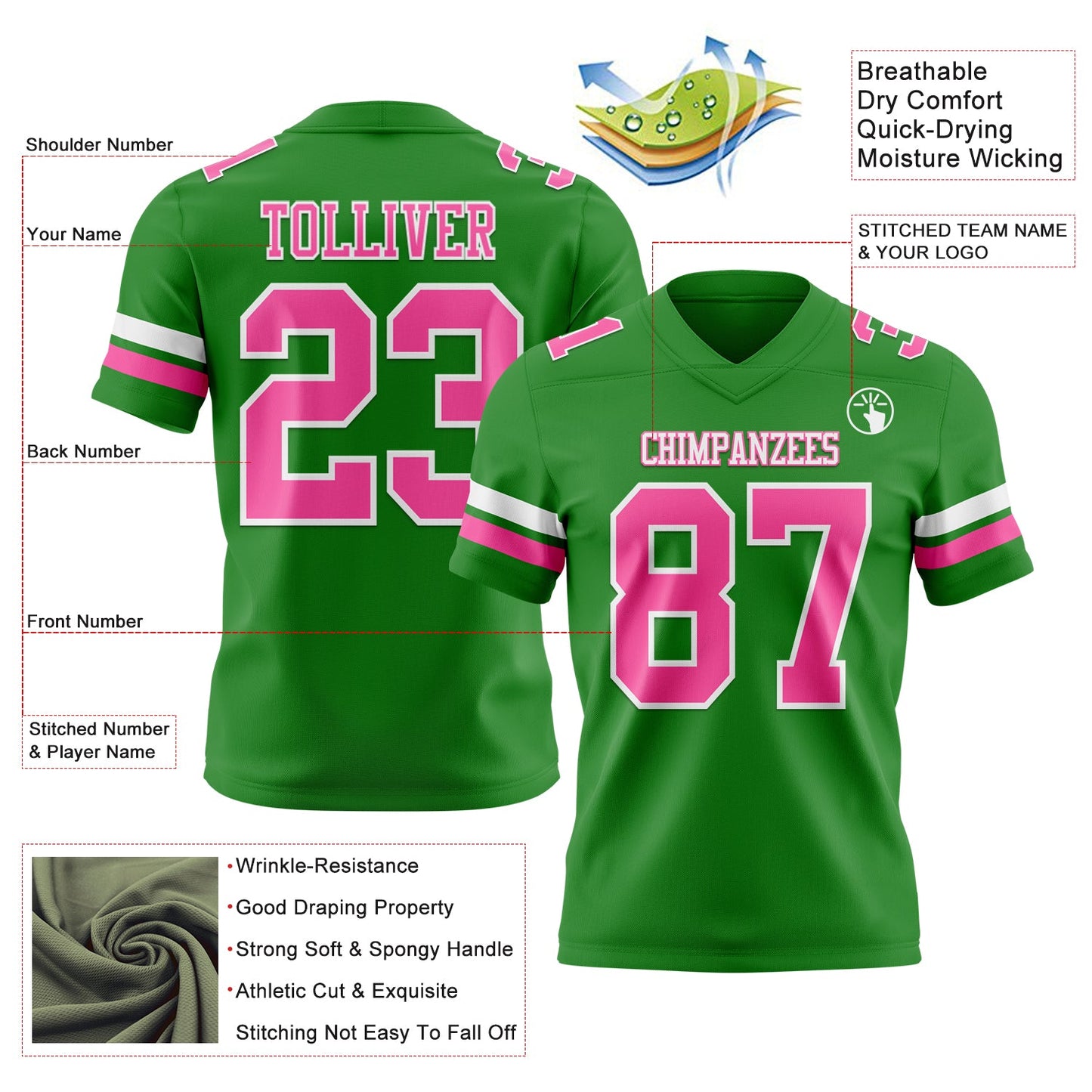 Custom Grass Green Pink-White Authentic Football Jersey view 3