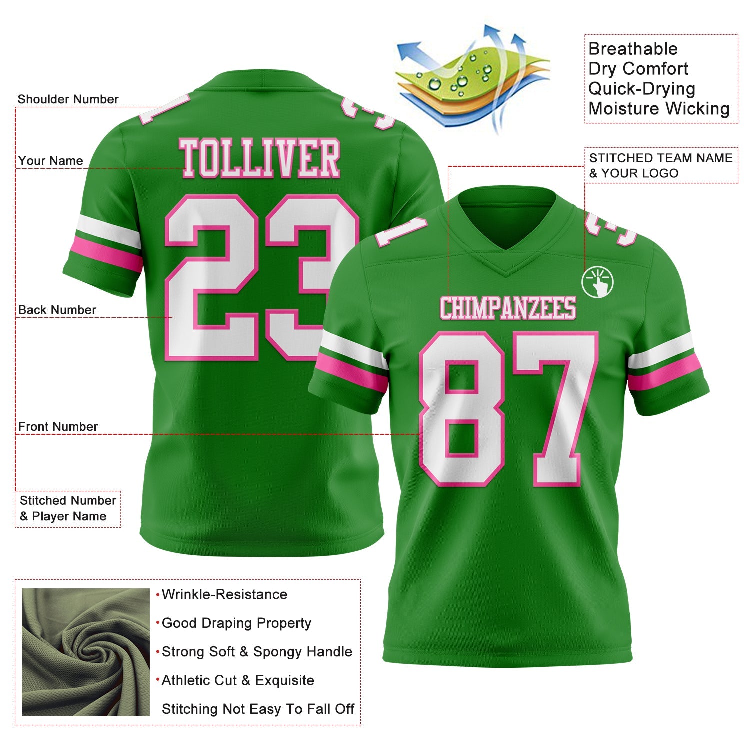 Custom Grass Green White-Pink Authentic Football Jersey view 3