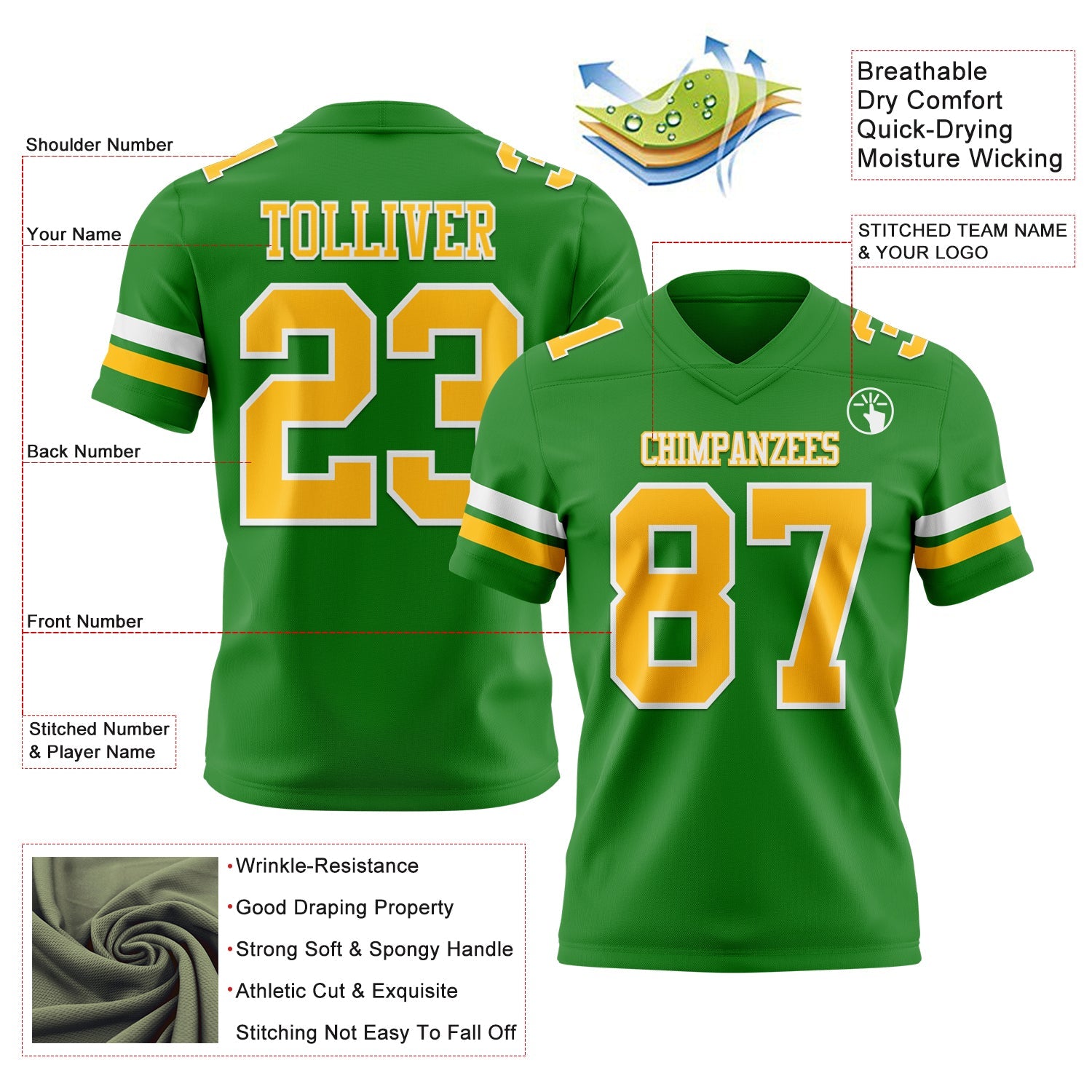 Custom Grass Green Gold-White Authentic Football Jersey view 3