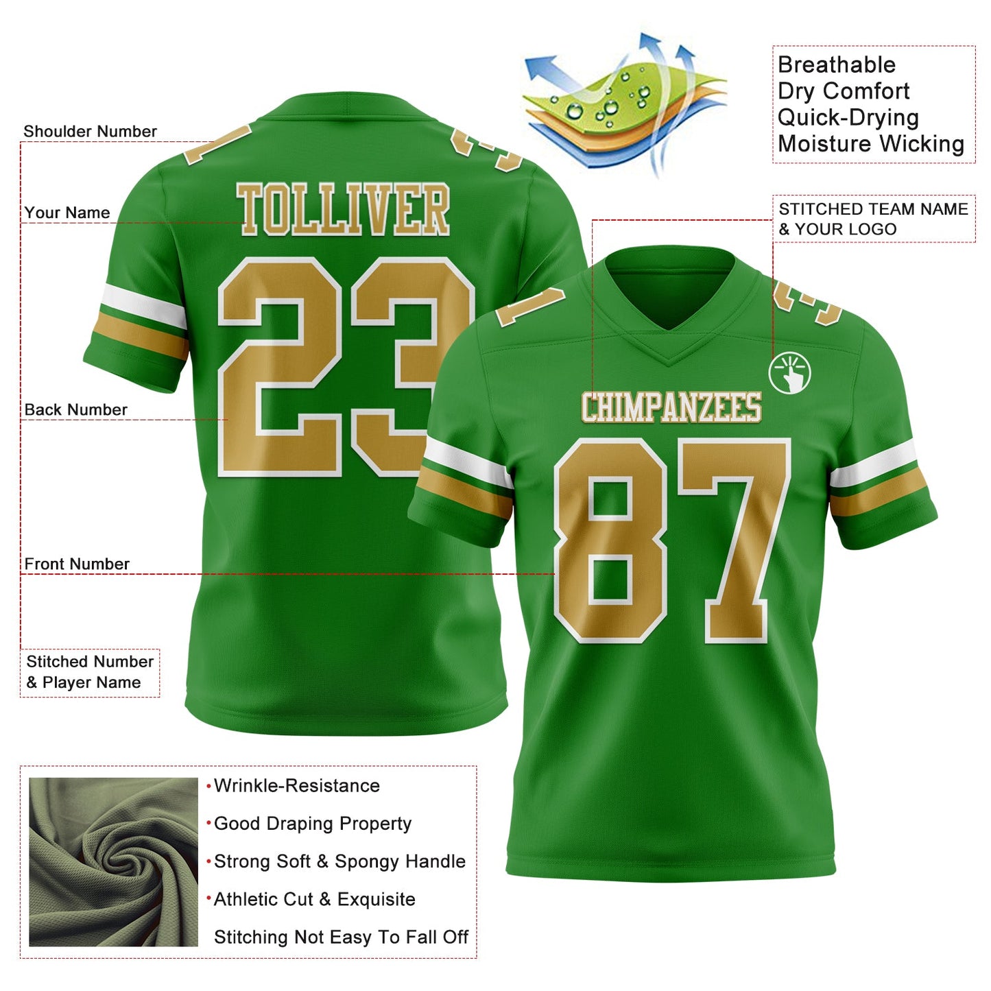 Custom Grass Green Old Gold-White Authentic Football Jersey view 3