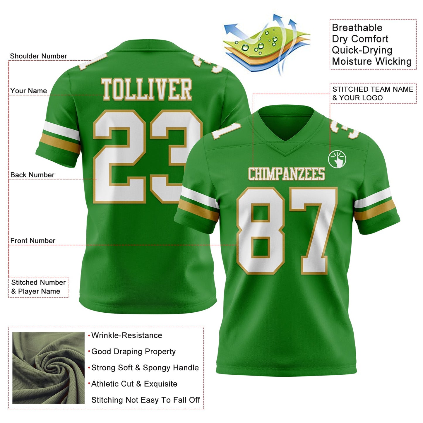 Custom Grass Green White-Old Gold Authentic Football Jersey view 3