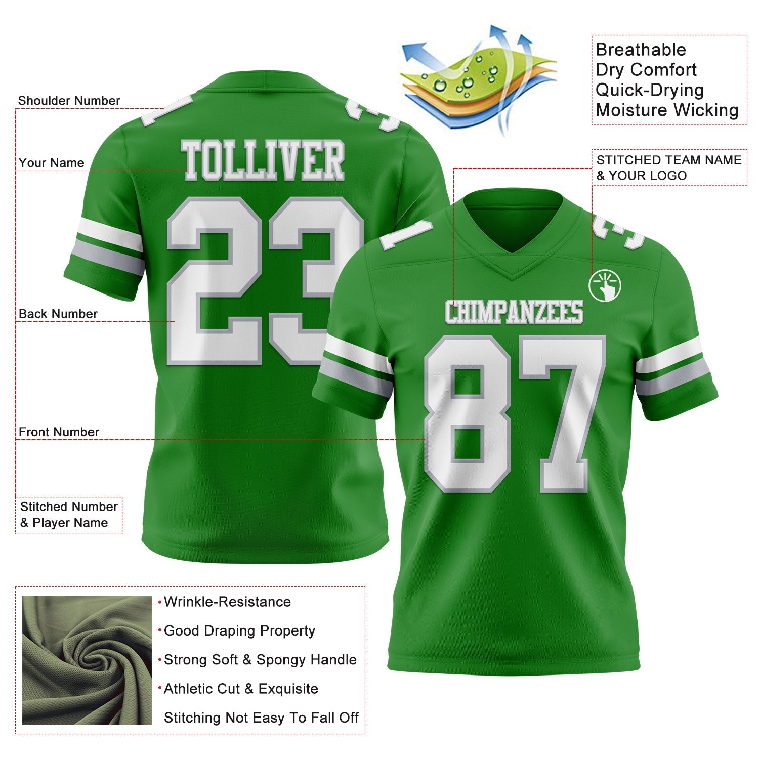 Custom Grass Green White-Gray Authentic Football Jersey view 3