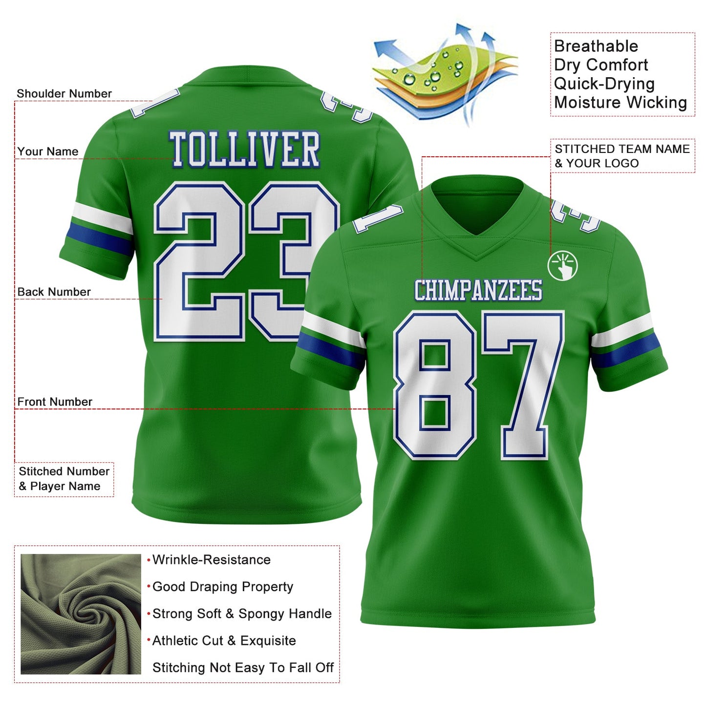 Custom Grass Green White-Royal Authentic Football Jersey view 3