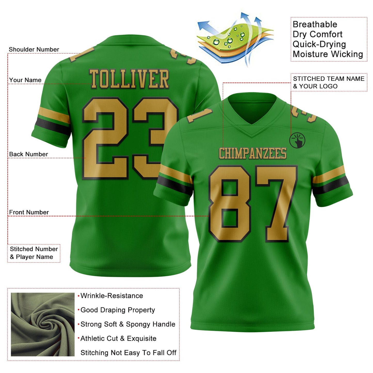 Custom Grass Green Old Gold-Black Authentic Football Jersey view 3
