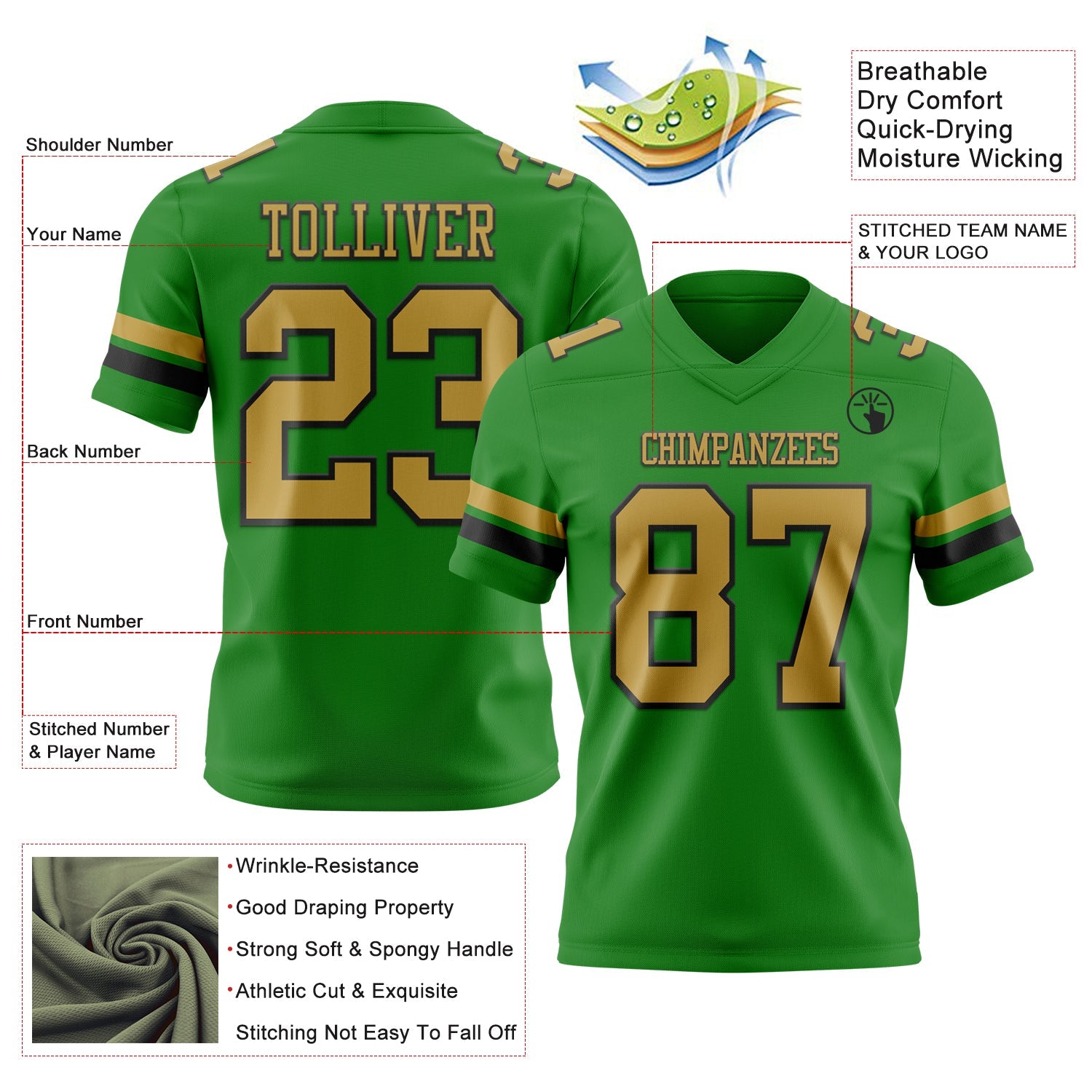 Custom Grass Green Old Gold-Black Authentic Football Jersey view 3