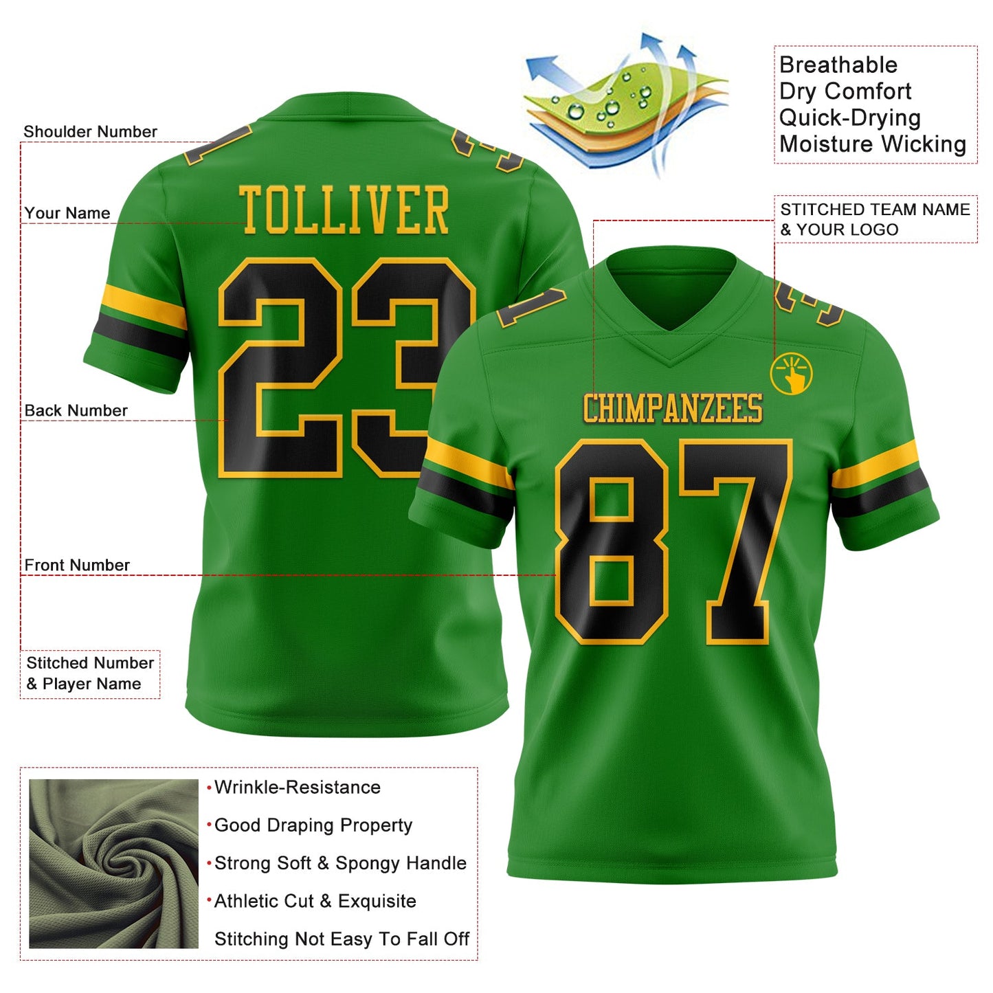Custom Grass Green Black-Gold Authentic Football Jersey view 3
