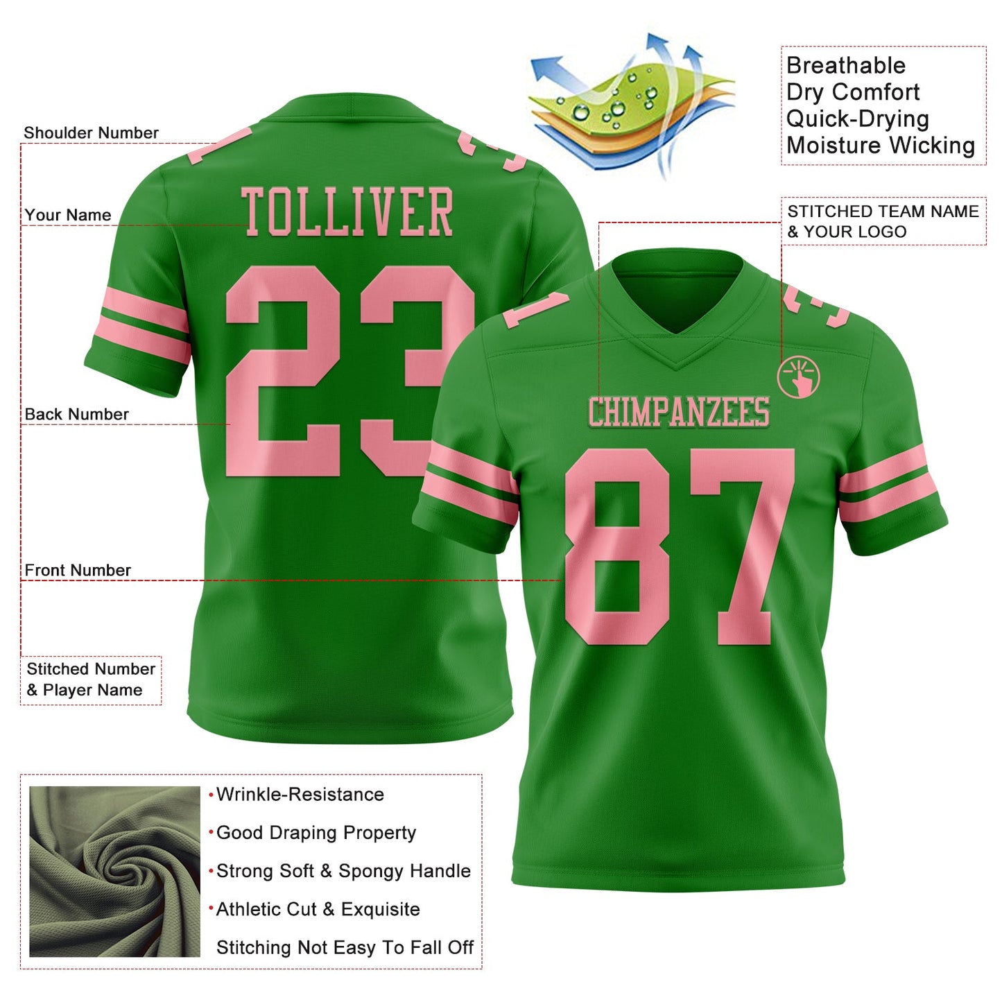 Custom Grass Green Medium Pink Authentic Football Jersey view 3