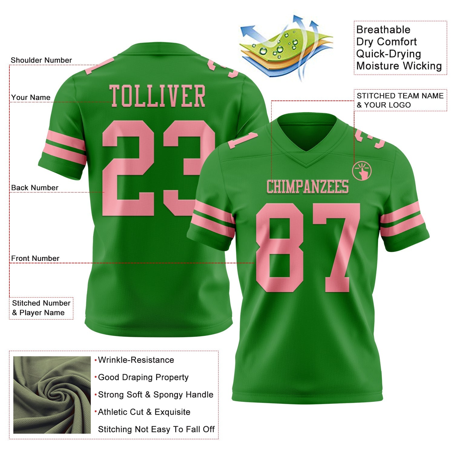 Custom Grass Green Medium Pink Authentic Football Jersey view 3