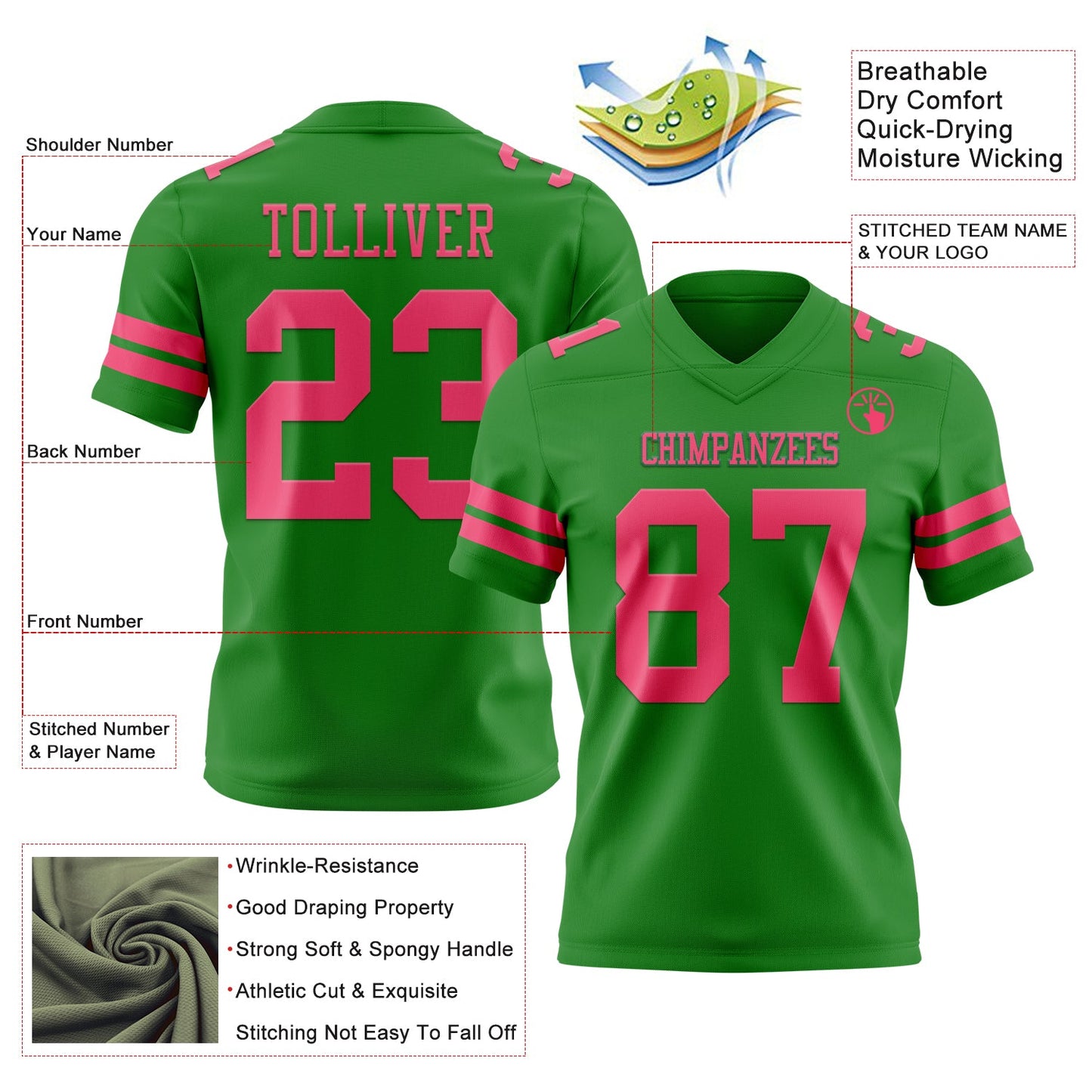 Custom Grass Green Neon Pink Authentic Football Jersey view 3