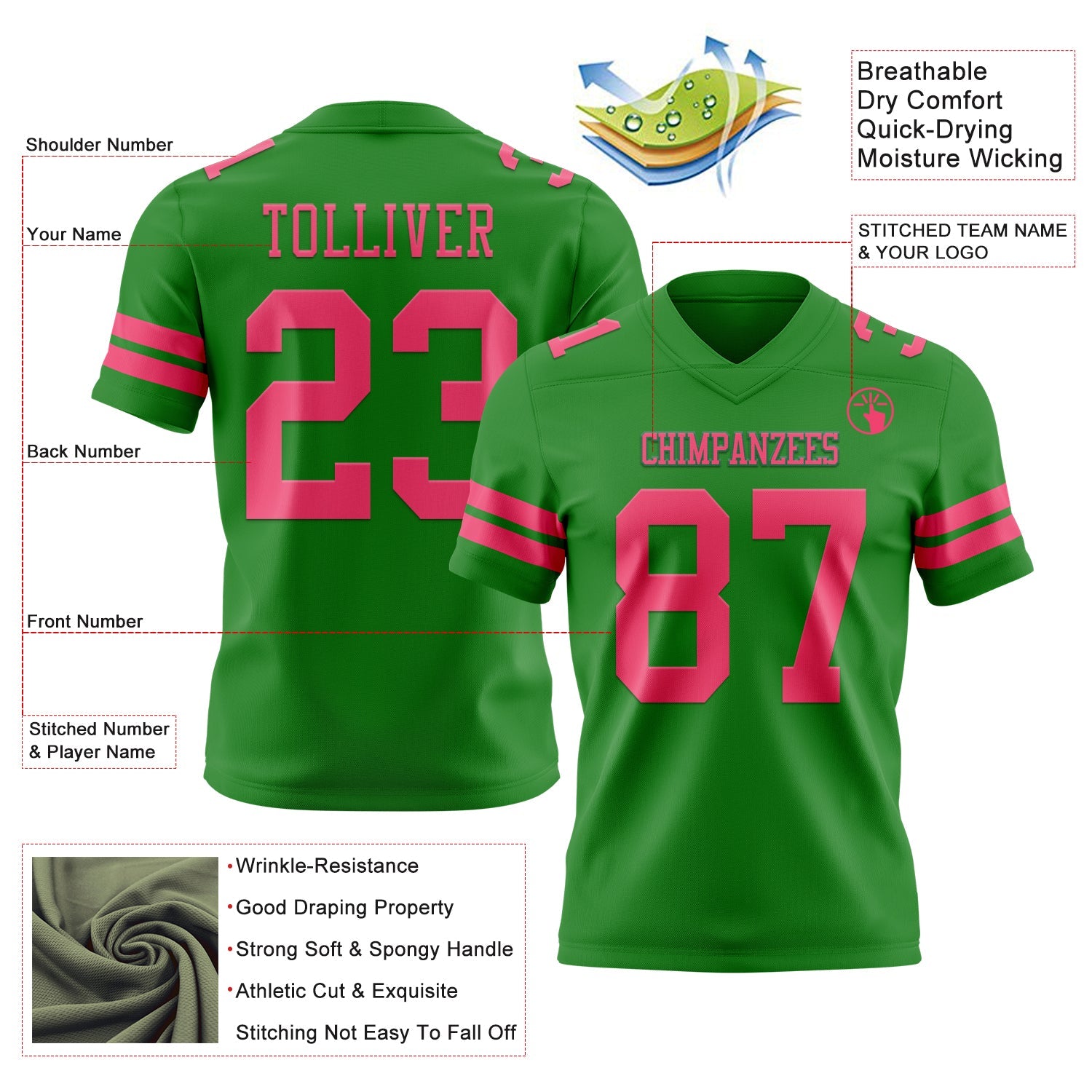 Custom Grass Green Neon Pink Authentic Football Jersey view 3