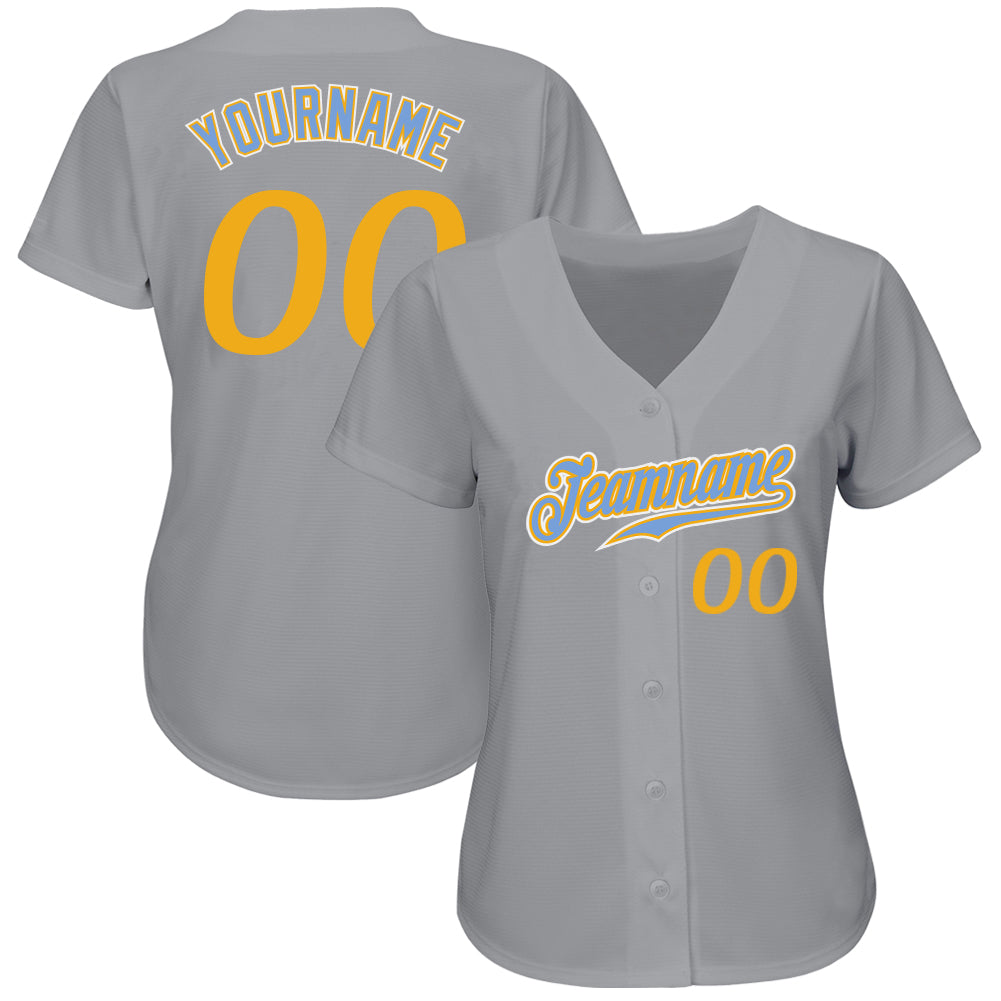 Custom Gray Gold-Light Blue Authentic Baseball Jersey view 2