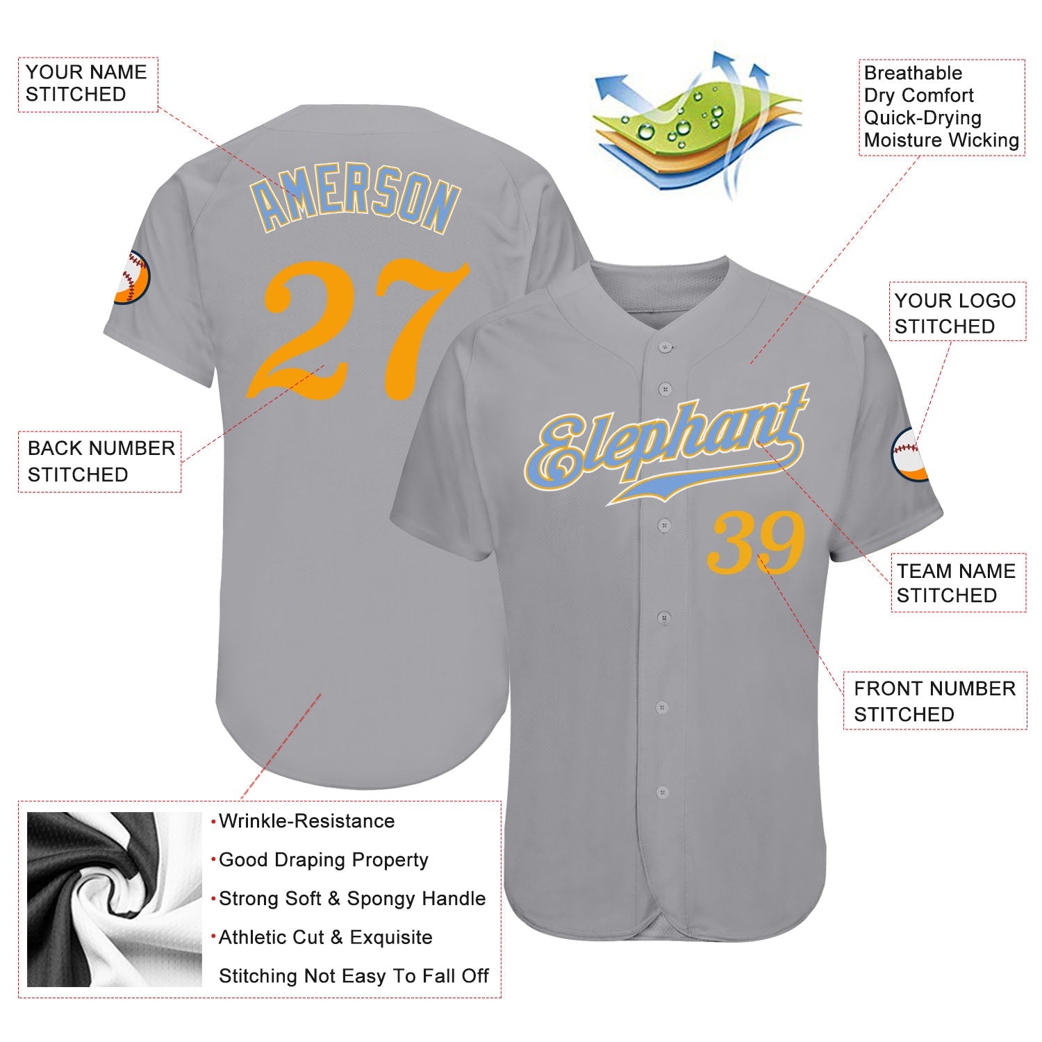 Custom Gray Gold-Light Blue Authentic Baseball Jersey view 3