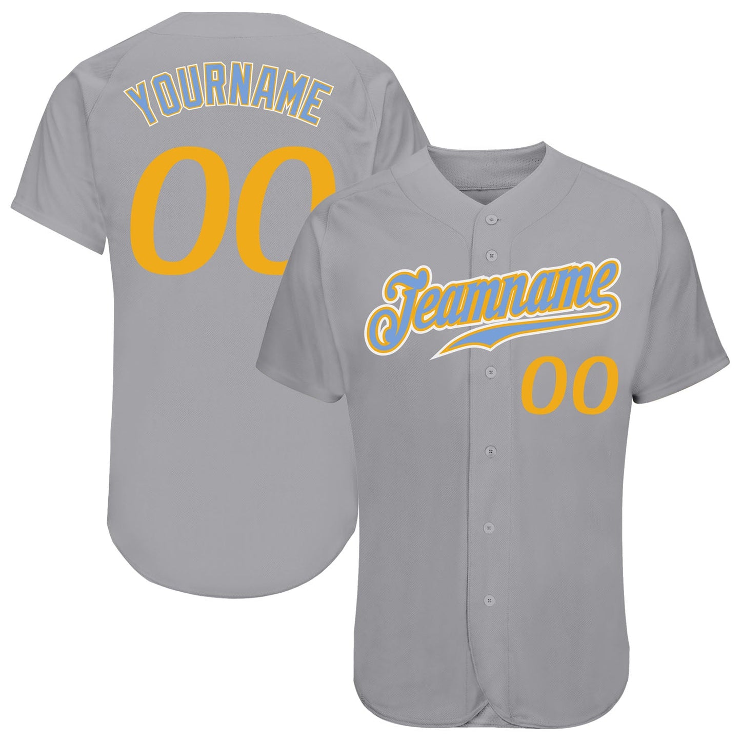 Custom Gray Gold-Light Blue Authentic Baseball Jersey - Main View