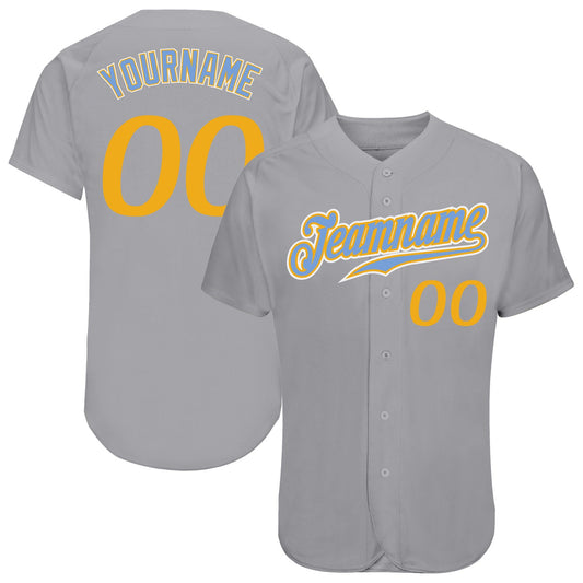 Custom Gray Gold-Light Blue Authentic Baseball Jersey - Main View