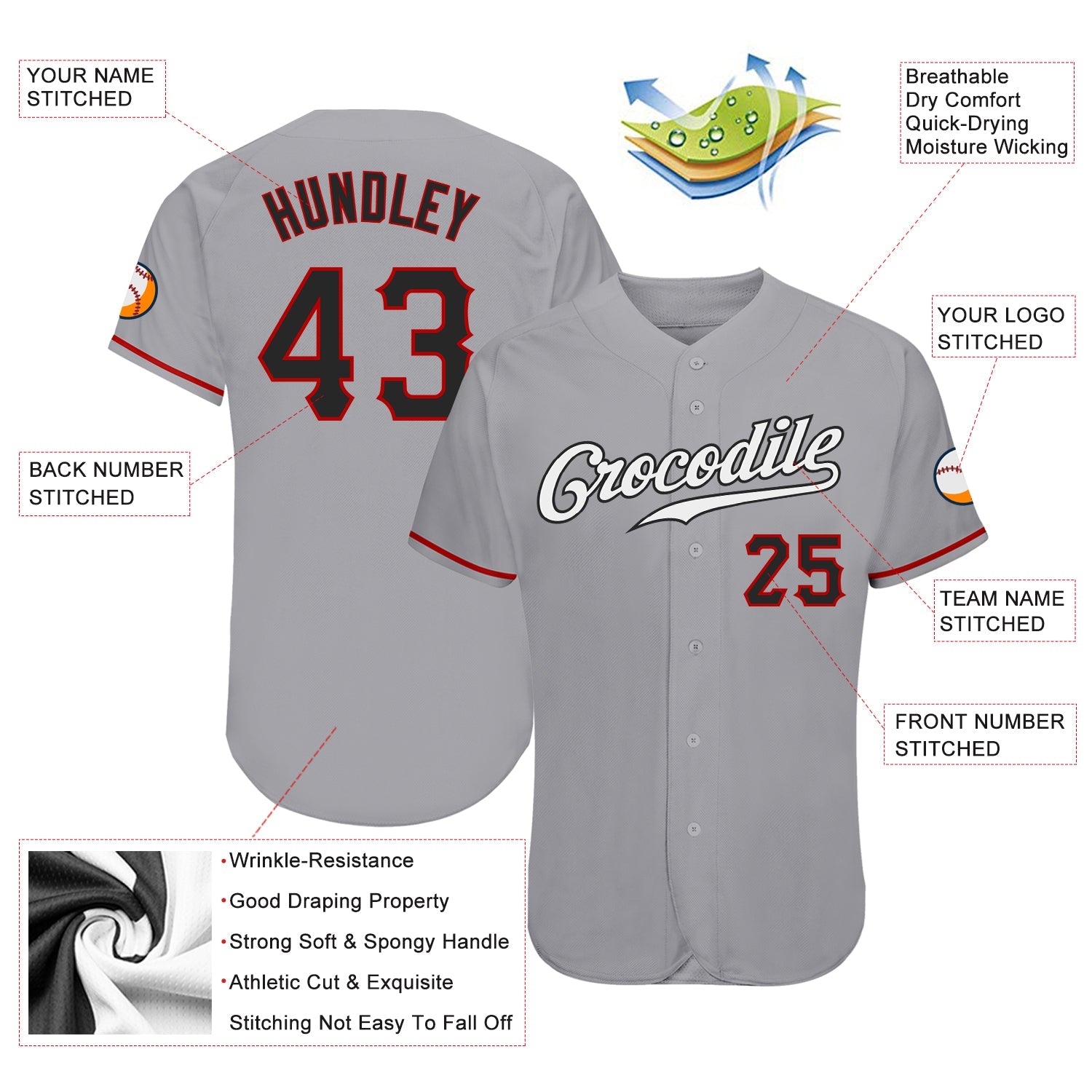 Custom Gray Black-Red Authentic Baseball Jersey view 3