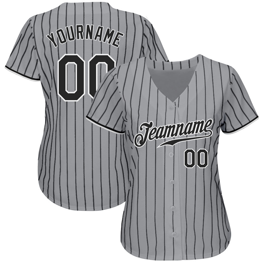Custom Gray Black Pinstripe Black-White Authentic Baseball Jersey view 3