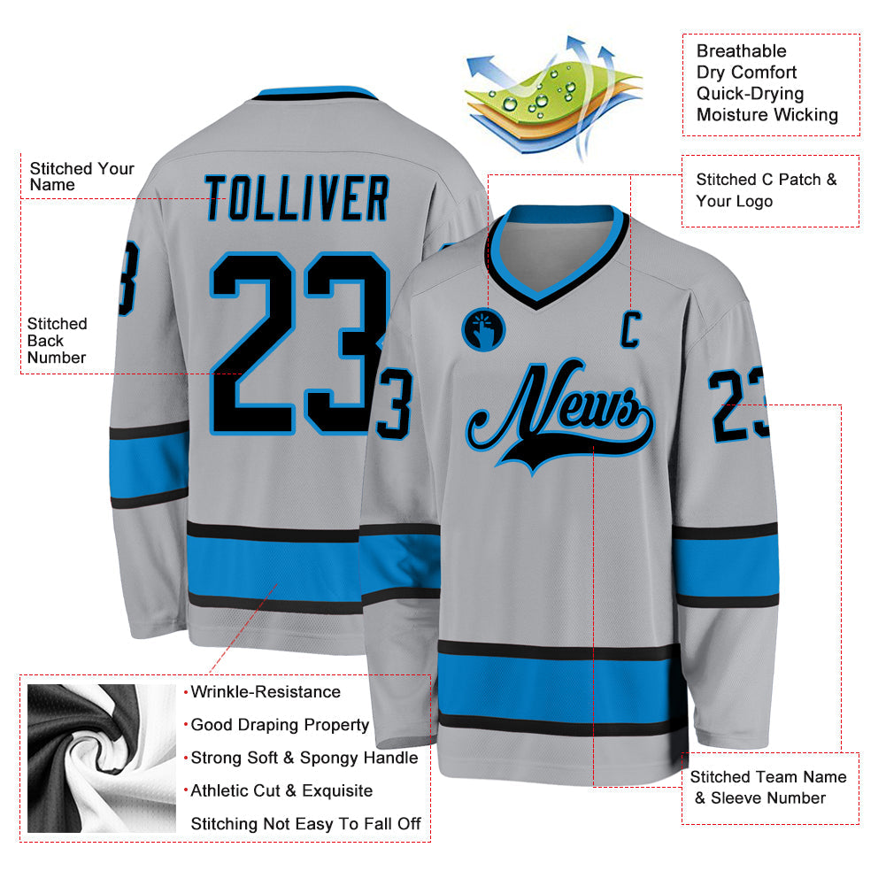 Custom Gray Black-Blue Hockey Jersey view 2
