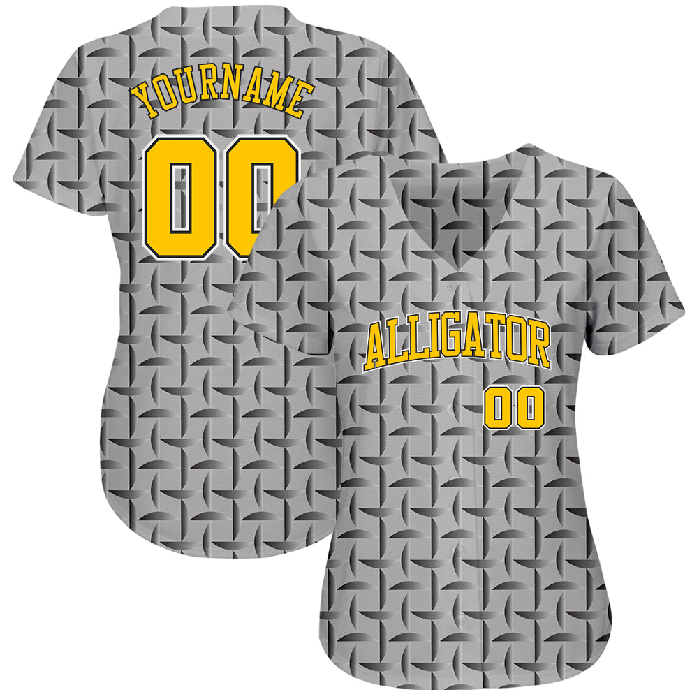 Custom Gray Gold-Black 3D Pattern Design Authentic Baseball Jersey view 2