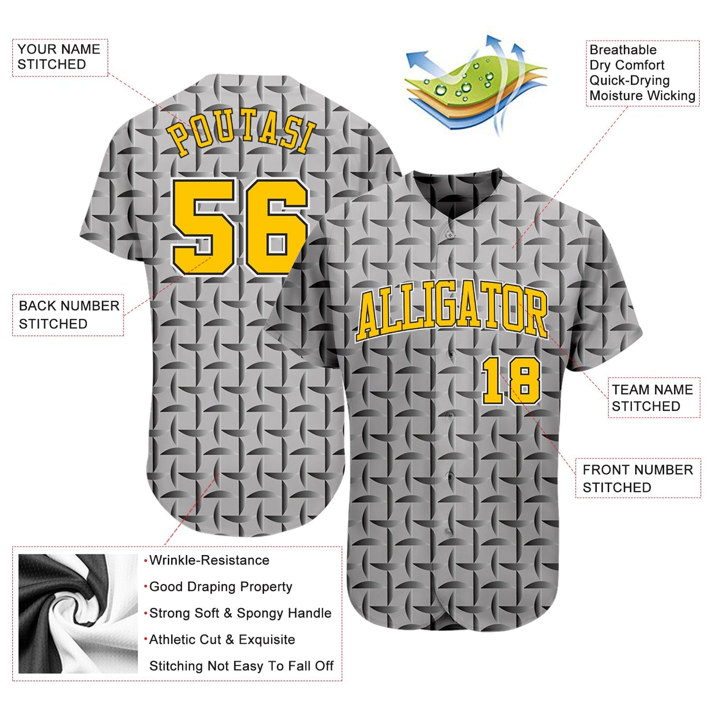 Custom Gray Gold-Black 3D Pattern Design Authentic Baseball Jersey view 3