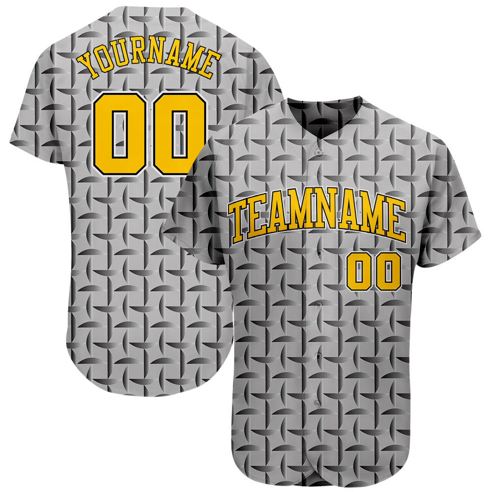 Custom Gray Gold-Black 3D Pattern Design Authentic Baseball Jersey - Main View