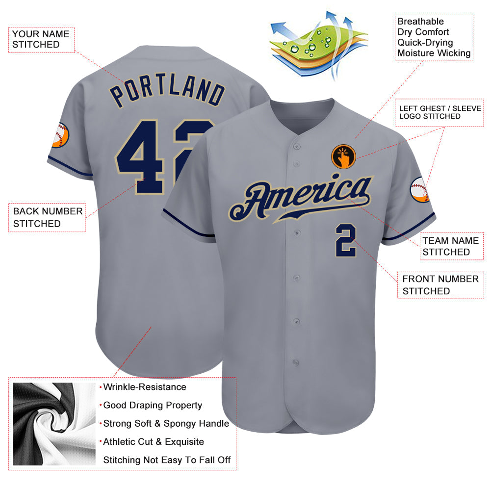 Custom Gray Navy-Vegas Gold Authentic Baseball Jersey view 3