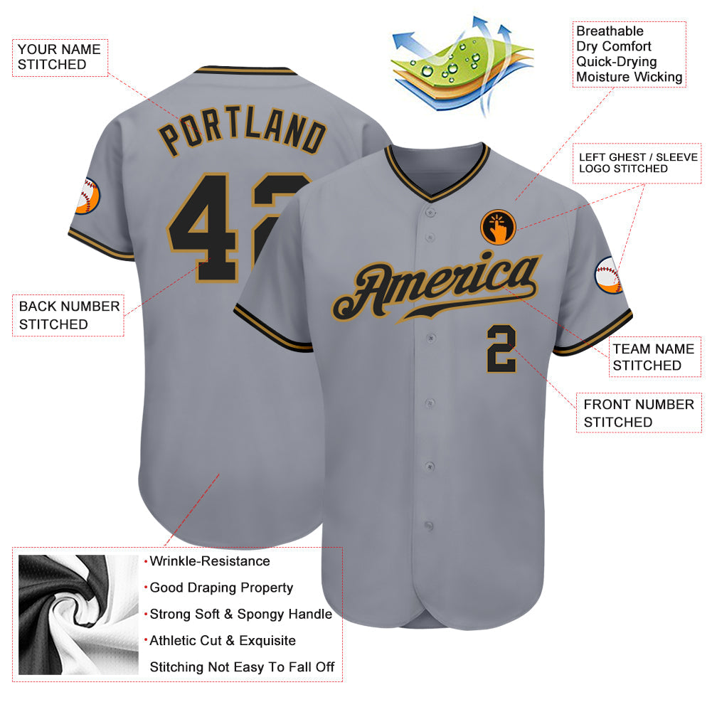 Custom Gray Black-Old Gold Authentic Baseball Jersey view 3