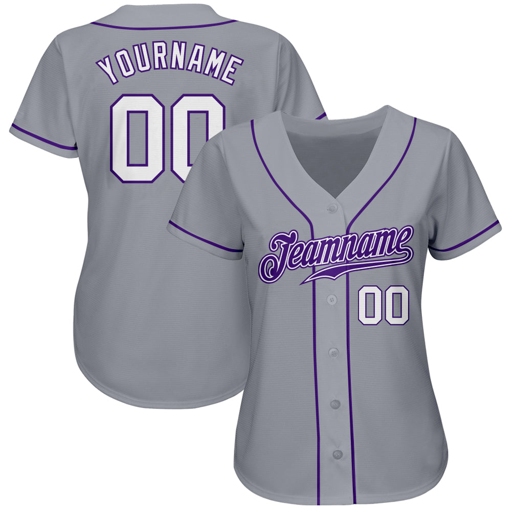 Custom Gray White-Purple Authentic Baseball Jersey view 2