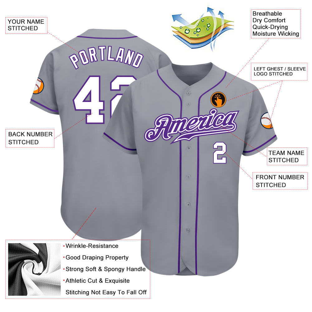 Custom Gray White-Purple Authentic Baseball Jersey view 3