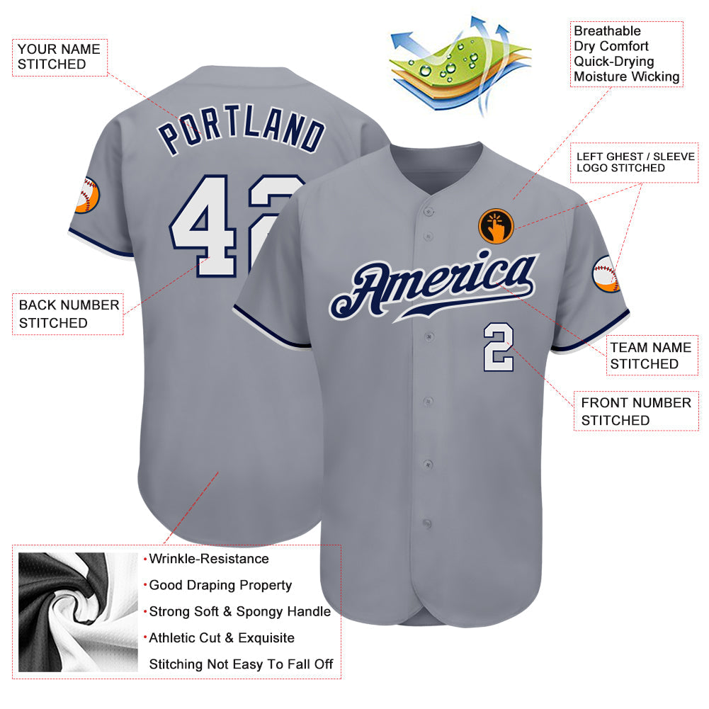 Custom Gray White-Navy Authentic Baseball Jersey view 3