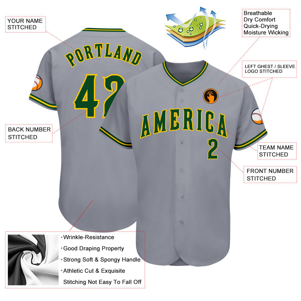 Custom Gray Green-Gold Authentic Baseball Jersey view 3