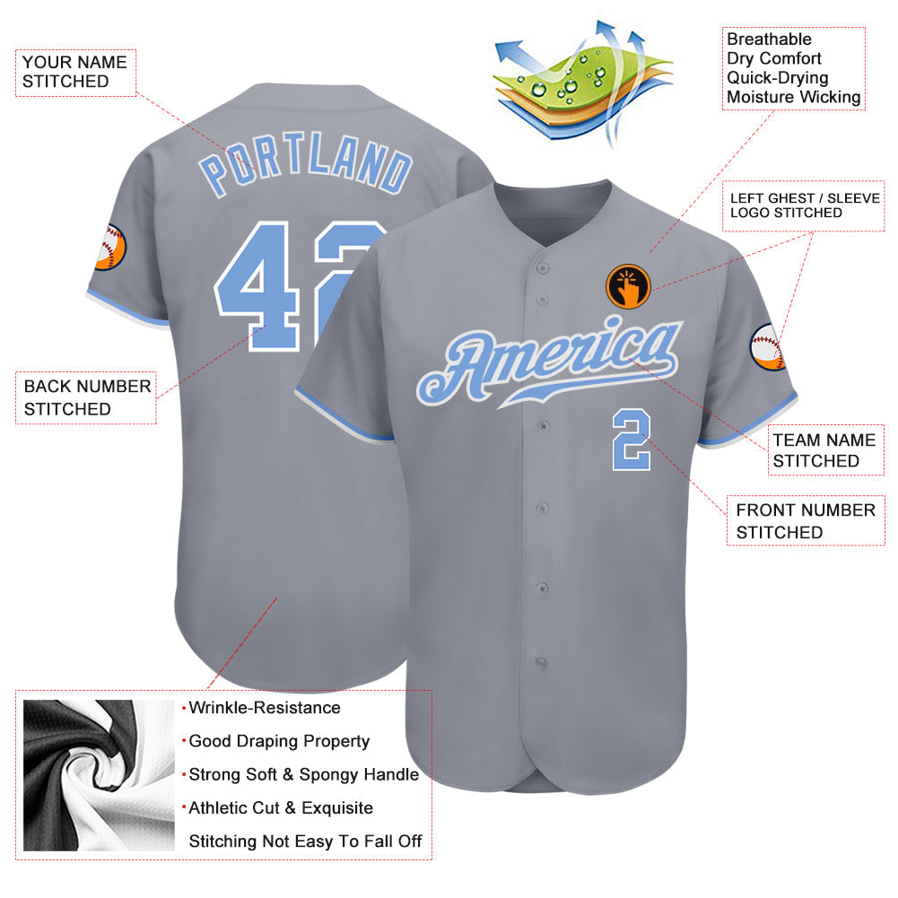 Custom Gray Light Blue-White Authentic Baseball Jersey view 3