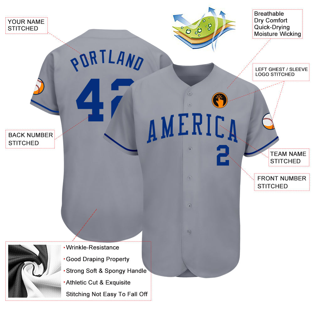 Custom Gray Royal Authentic Baseball Jersey view 3