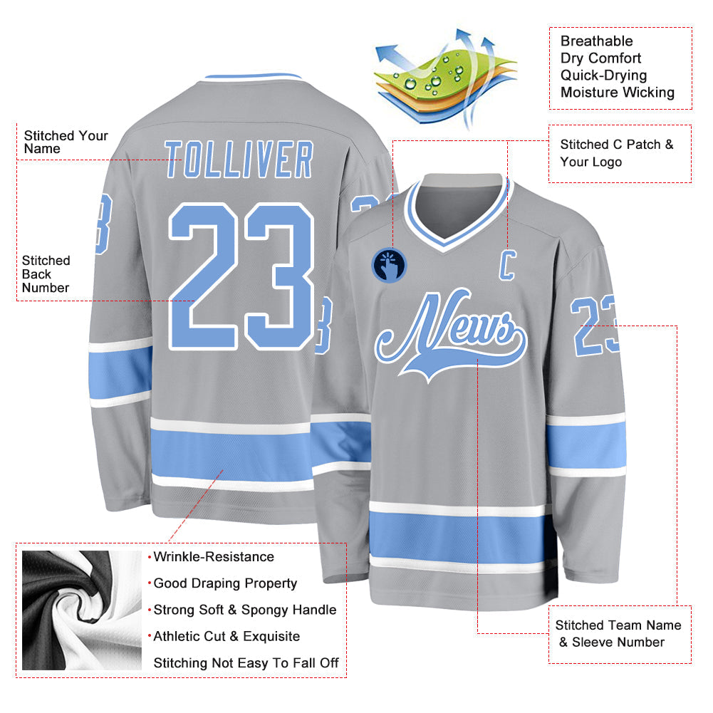 Custom Gray Light Blue-White Hockey Jersey view 2