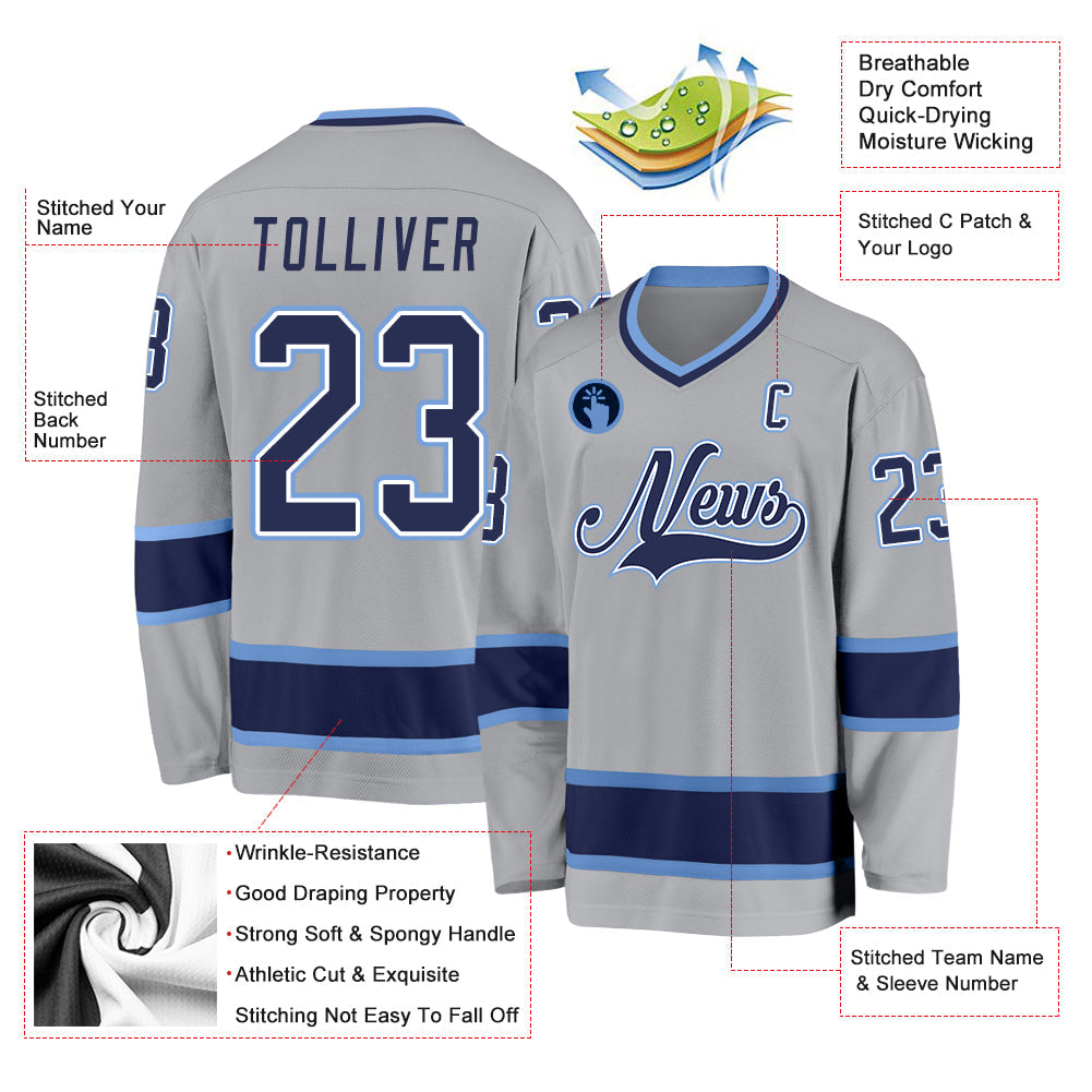 Custom Gray Navy-Light Blue Hockey Jersey view 2