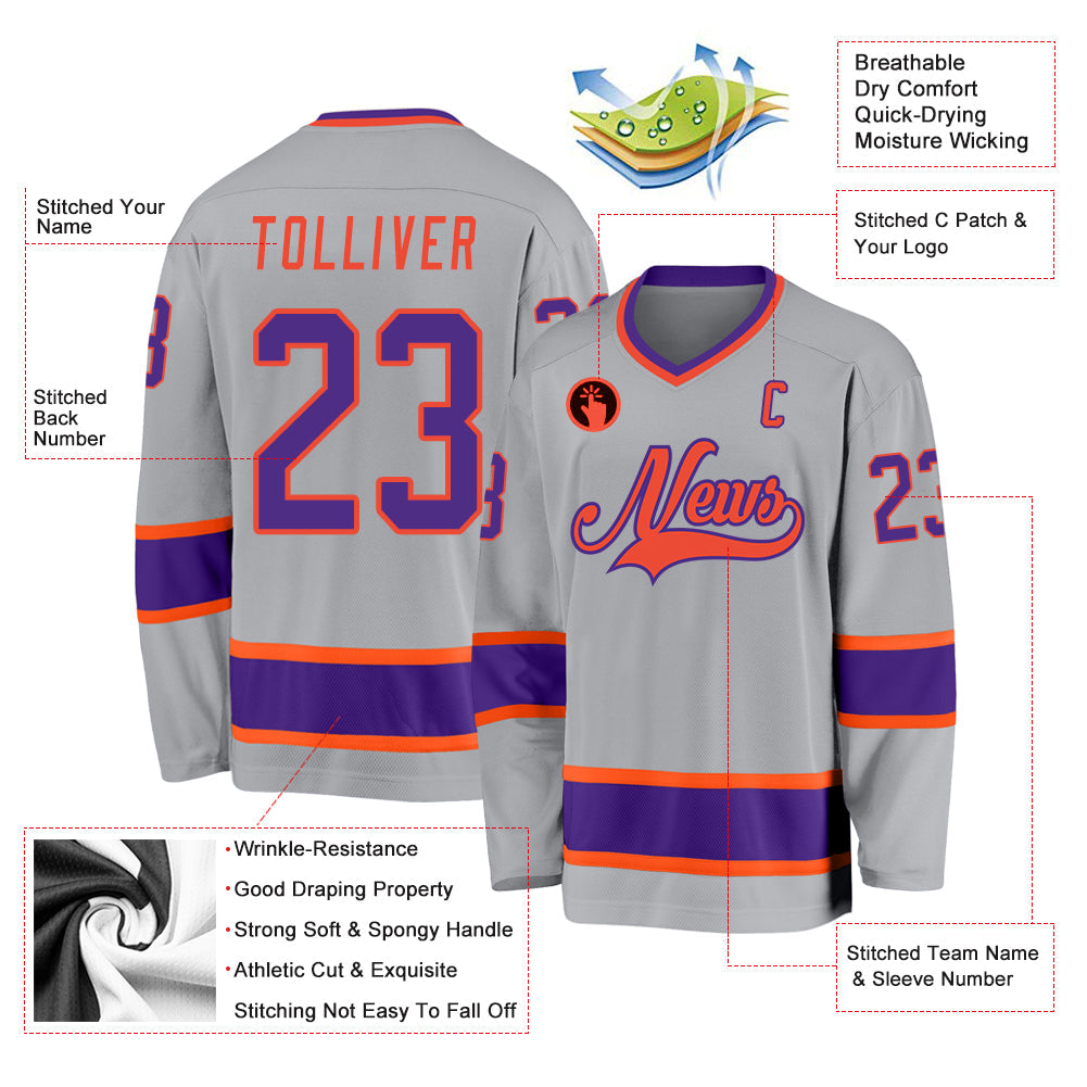 Custom Gray Purple-Orange Hockey Jersey view 2