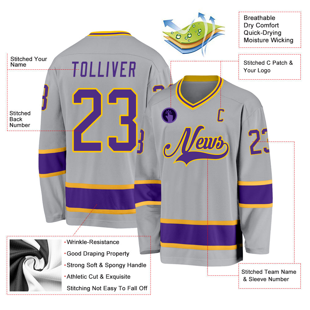 Custom Gray Purple-Gold Hockey Jersey view 2
