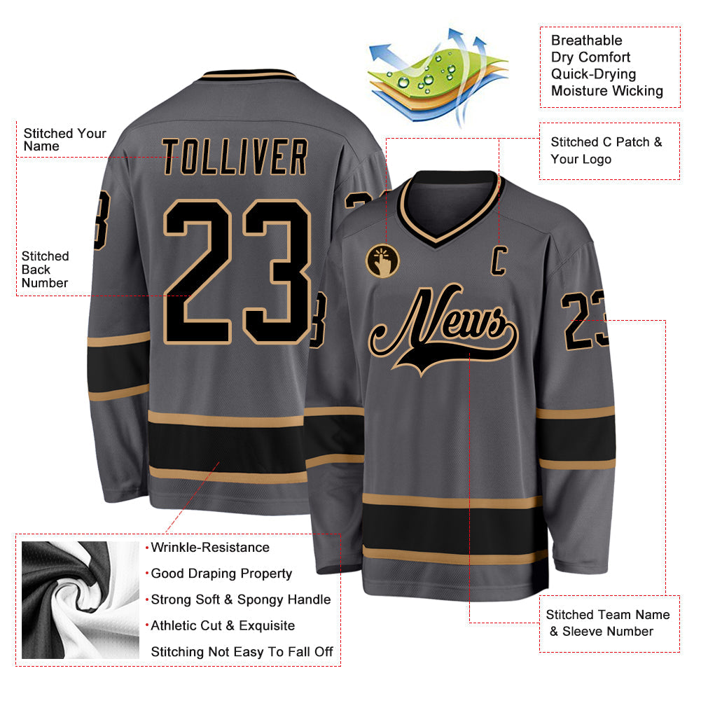 Custom Steel Gray Black-Old Gold Hockey Jersey view 2
