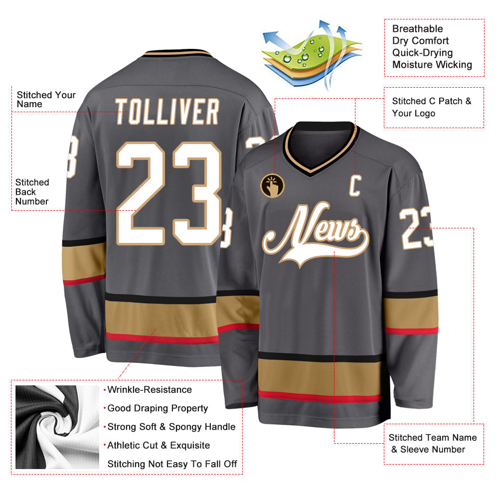 Custom Steel Gray White-Old Gold Hockey Jersey view 2