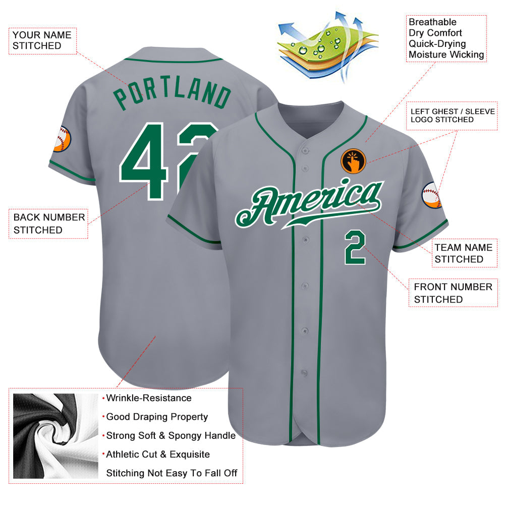 Custom Gray Kelly Green-White Authentic Baseball Jersey view 3