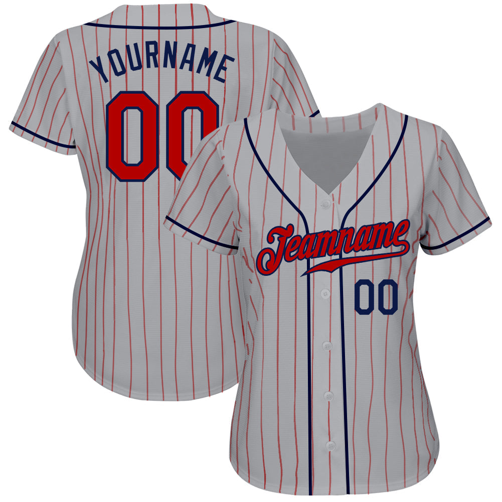 Custom Gray Red Pinstripe Red-Navy Authentic Baseball Jersey view 2
