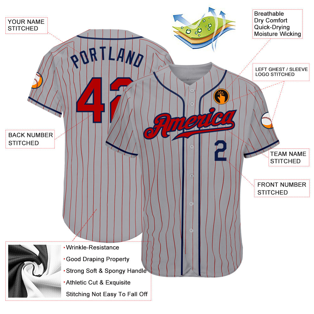 Custom Gray Red Pinstripe Red-Navy Authentic Baseball Jersey view 3