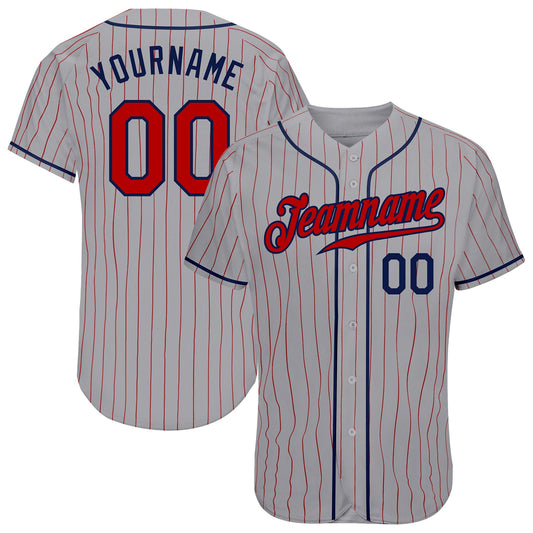 Custom Gray Red Pinstripe Red-Navy Authentic Baseball Jersey - Main View