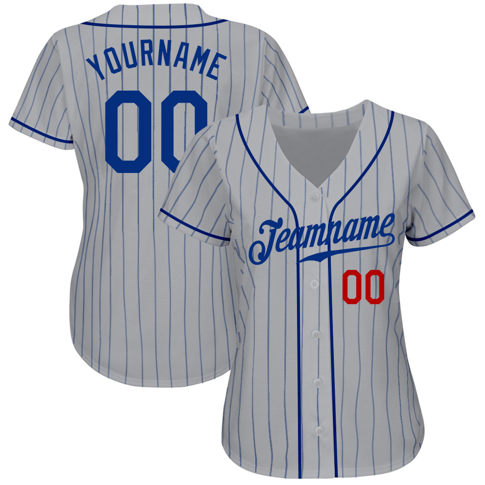 Custom Gray Royal Pinstripe Royal-Red Authentic Baseball Jersey view 2