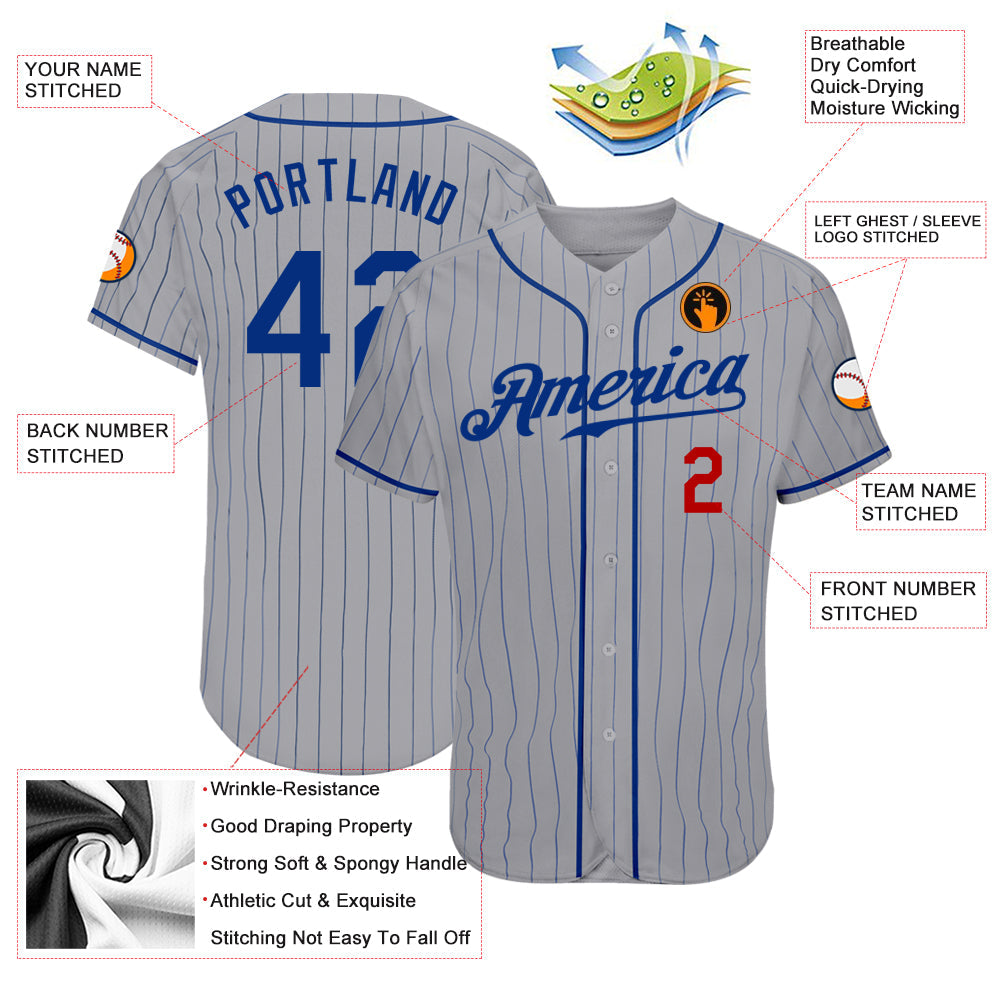 Custom Gray Royal Pinstripe Royal-Red Authentic Baseball Jersey view 3