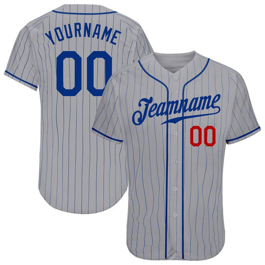 Custom Gray Royal Pinstripe Royal-Red Authentic Baseball Jersey - Main View
